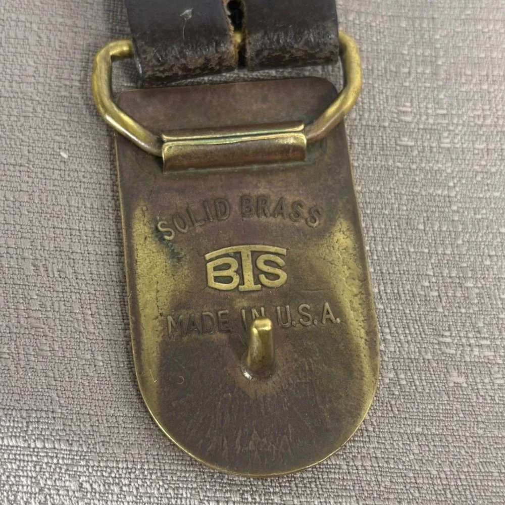 BTS Leather Belt Men 38 Brown Rare Vintage 70s Wood Inlay Solid Brass Buckle USA